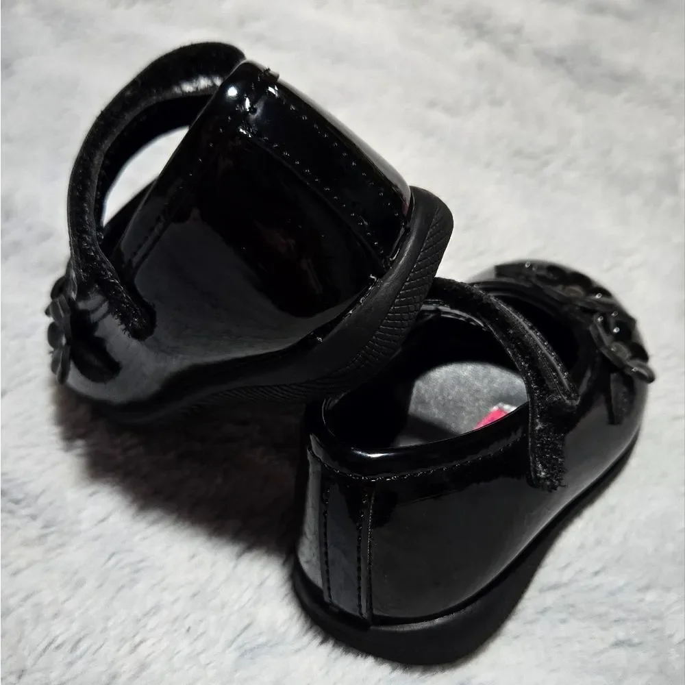 Rachel Shoes Baby Girl Black Patent Mary Jane Dress Shoes Glitter Flower Size 2